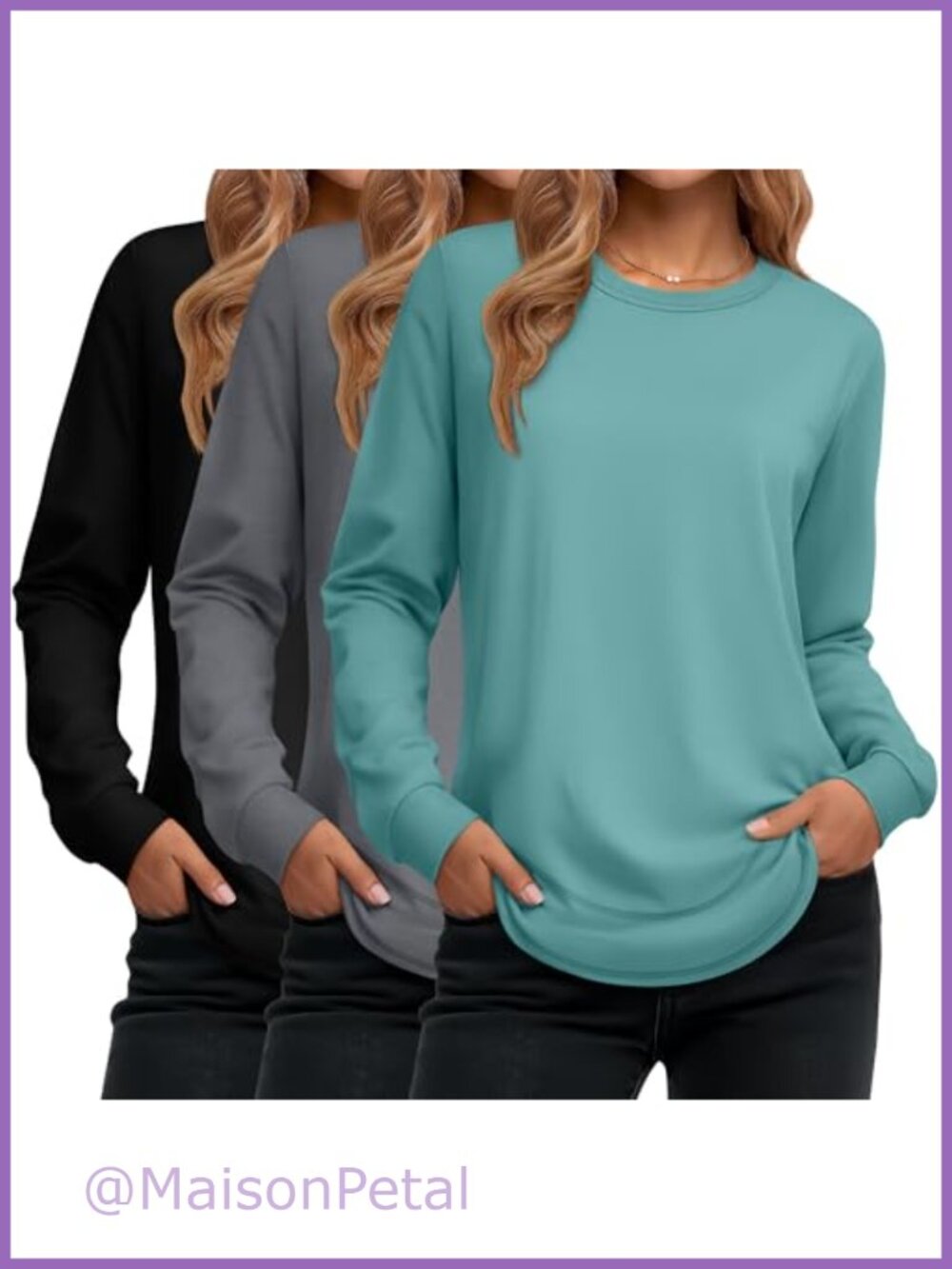 Women's 3 Pack Cotton Long Sleeve Crewneck Tunic Sweatshirts Loose Fit
